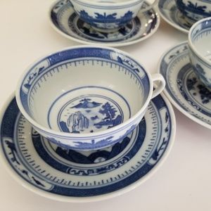 Vintage Blue Pagoda Scene Flat Cup Saucer Set of 2